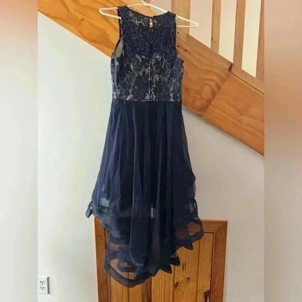 Navy Blue Lace Hi-Low Formal Dress - Picture 2 of 6
